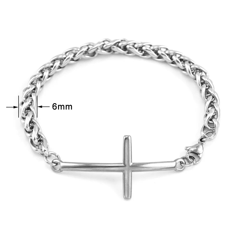 Stainless Steel Cross Charm Wheat Bracelet 6mm Link