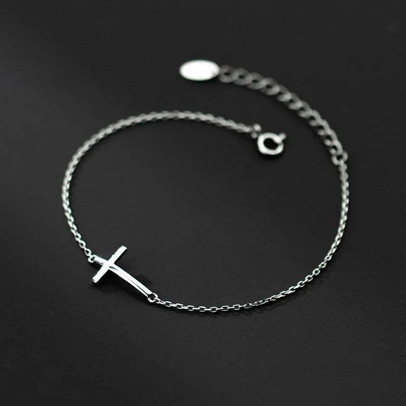 Sterling Silver Cross Charm Bracelet - Adjustable Link Chain