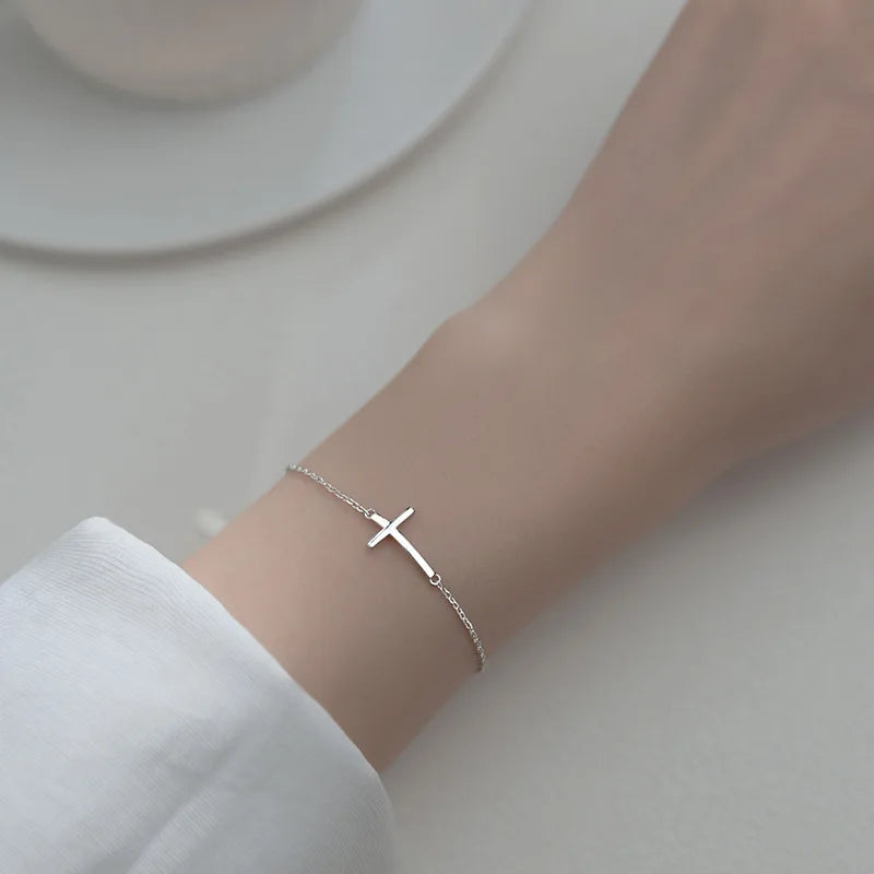 Sterling Silver Cross Charm Bracelet - Adjustable Link Chain