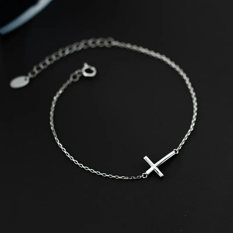 Sterling Silver Cross Charm Bracelet - Adjustable Link Chain