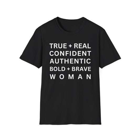 Inspirational 'TRUE + REAL CONFIDENT AUTHENTIC BOLD + BRAVE WOMAN Heavy Cotton Tee' T-Shirt